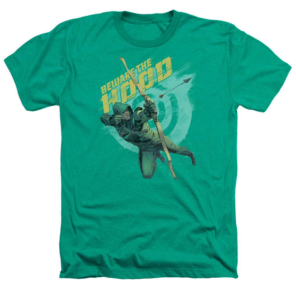 AN OFFCIALLY LICENSED ARROW BEWARE MEN'S HEATHER T-SHIRT KELLY GREEN