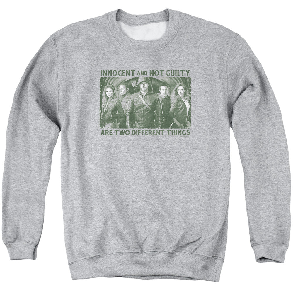 AN OFFCIALLY LICENSED ARROW NOT GUILTY ADULT UNISEX CREWNECK SWEATSHIRT ATHLETIC HEATHER