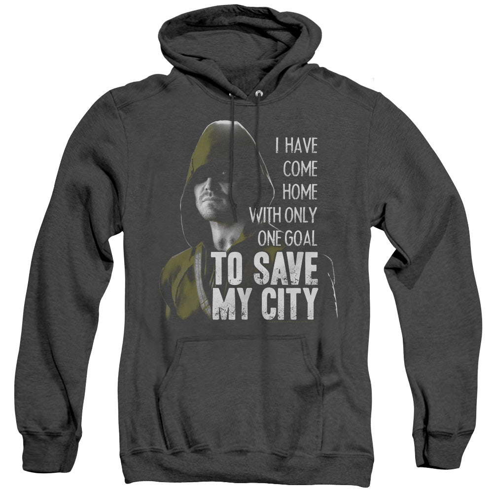 AN OFFCIALLY LICENSED ARROW SAVE MY CITY ADULT UNISEX HEATHER PULLOVER HOODIE BLACK