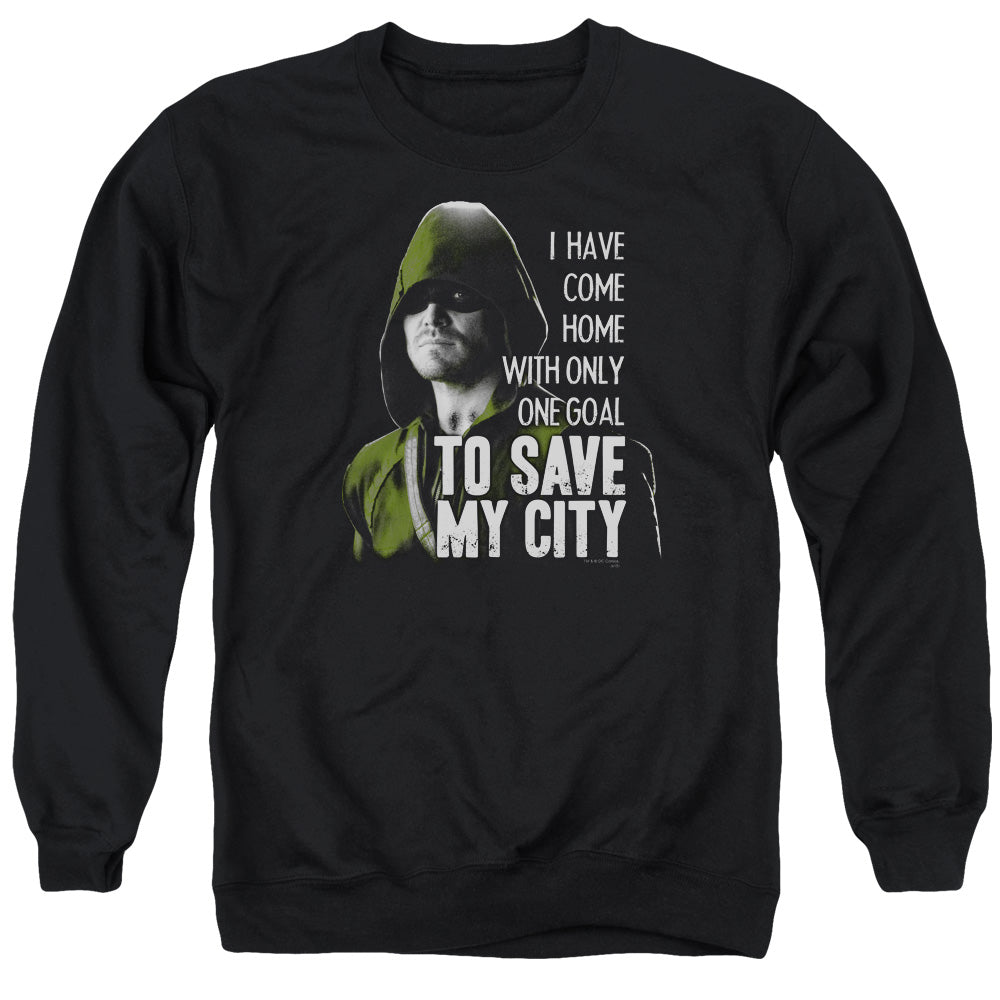 AN OFFCIALLY LICENSED ARROW SAVE MY CITY ADULT UNISEX CREWNECK SWEATSHIRT BLACK