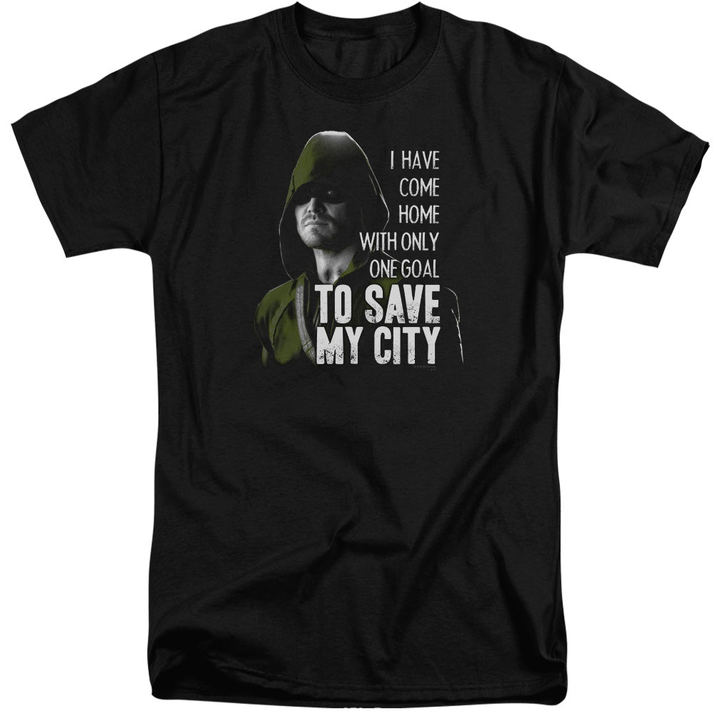 AN OFFCIALLY LICENSED ARROW SAVE MY CITY MEN'S TALL FIT T-SHIRT BLACK