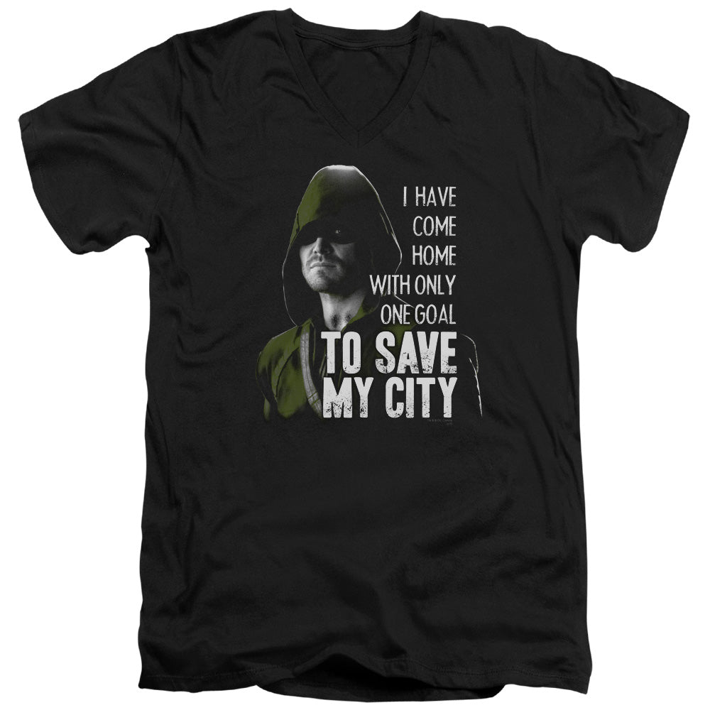 AN OFFCIALLY LICENSED ARROW SAVE MY CITY MEN'S V-NECK T-SHIRT BLACK