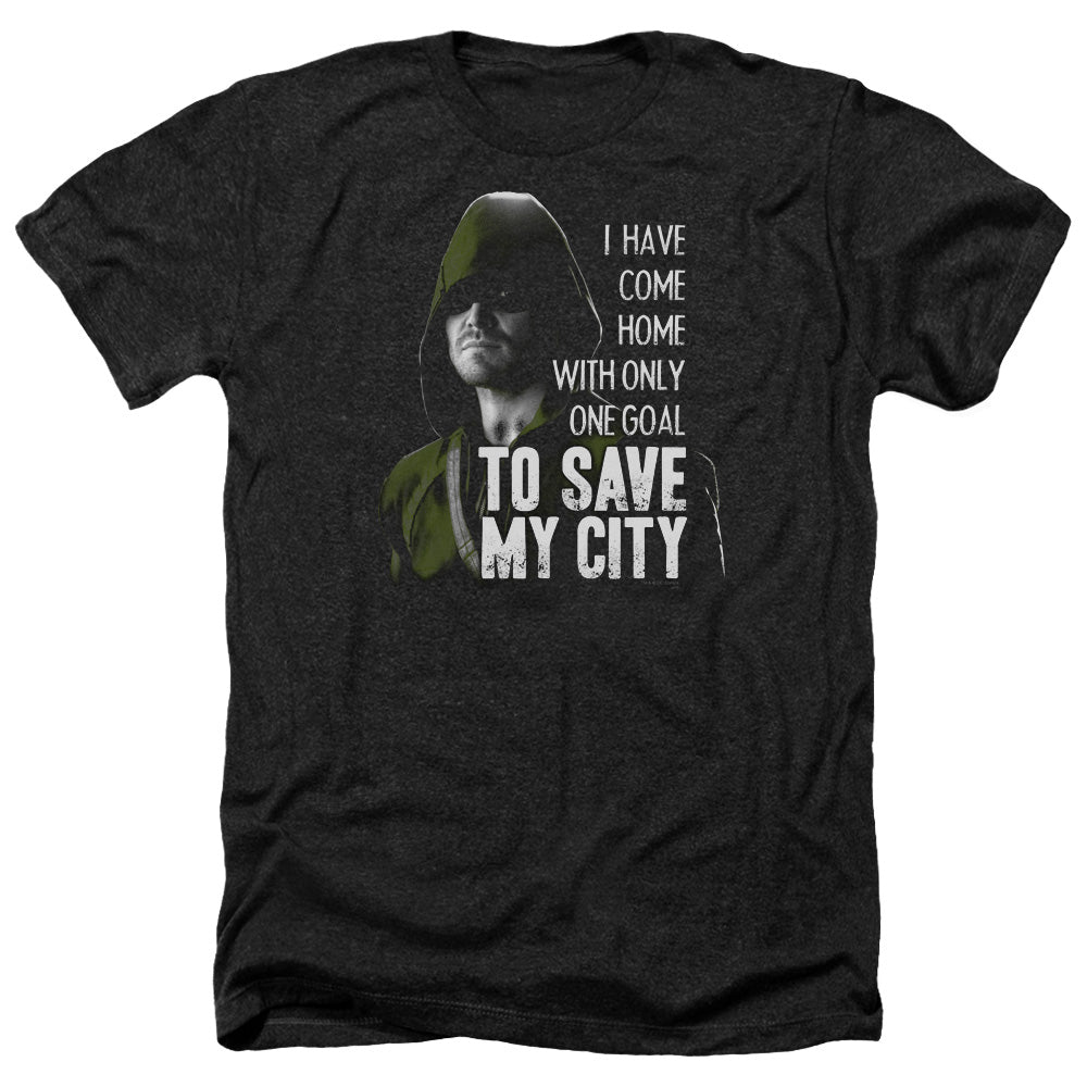 AN OFFCIALLY LICENSED ARROW SAVE MY CITY MEN'S HEATHER T-SHIRT CHARCOAL