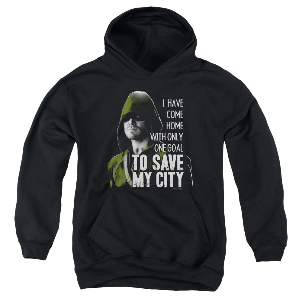 AN OFFCIALLY LICENSED ARROW SAVE MY CITY YOUTH HOODIE BLACK