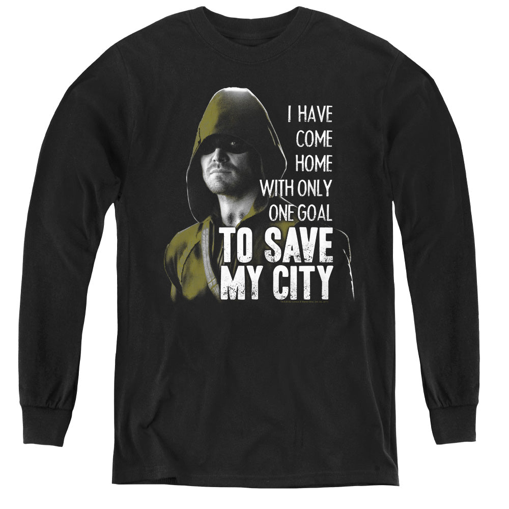 AN OFFCIALLY LICENSED ARROW SAVE MY CITY YOUTH LONG SLEEVE T-SHIRT BLACK