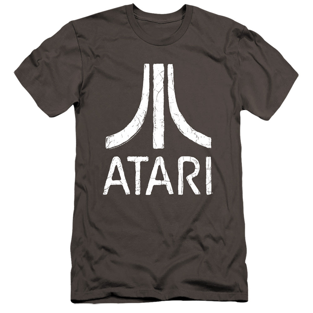 AN OFFCIALLY LICENSED ATARI ROUGH LOGO MEN'S PREMIUM SLIM FIT T-SHIRT CHARCOAL