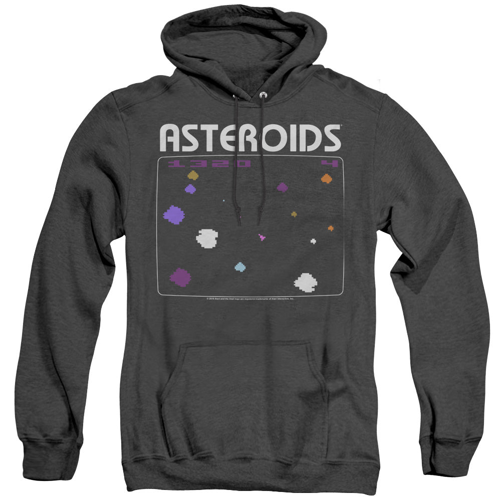 AN OFFCIALLY LICENSED ATARI ASTEROIDS SCREEN ADULT UNISEX HEATHER PULLOVER HOODIE BLACK