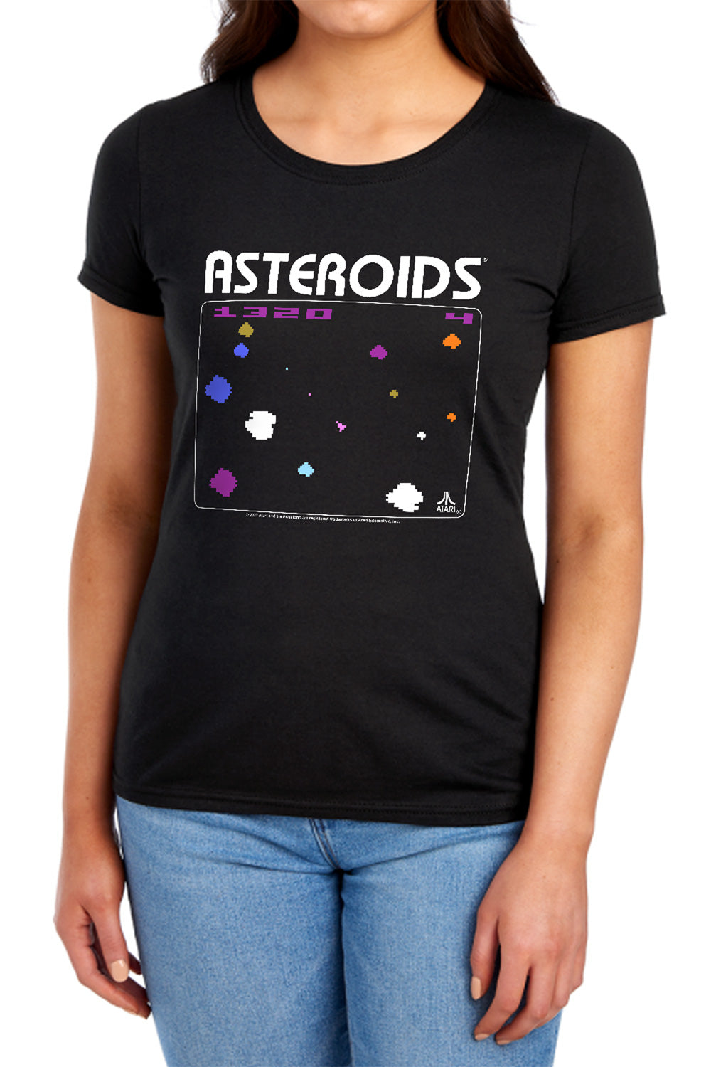 AN OFFCIALLY LICENSED ATARI ASTEROIDS SCREEN WOMEN'S REGULAR FIT T-SHIRT BLACK
