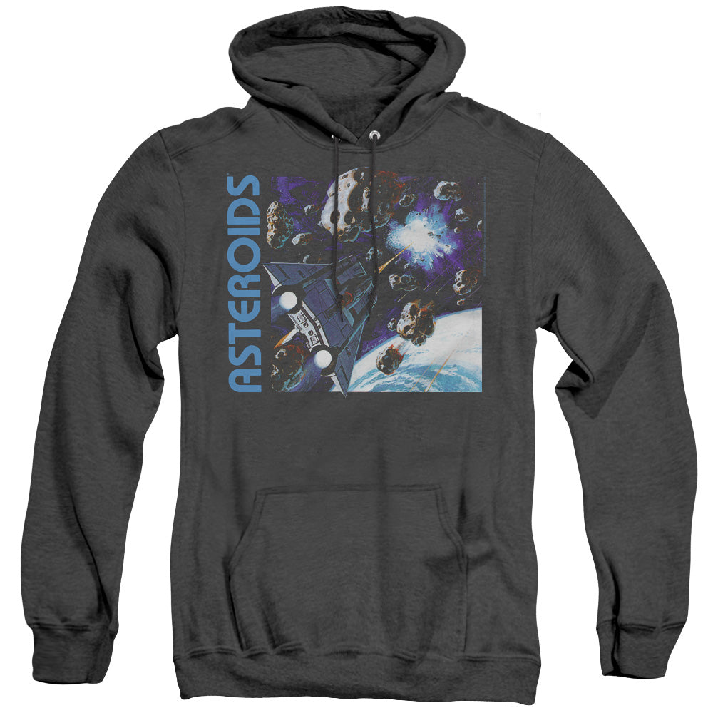 AN OFFCIALLY LICENSED ATARI 2600 ASTEROIDS ADULT UNISEX HEATHER PULLOVER HOODIE BLACK
