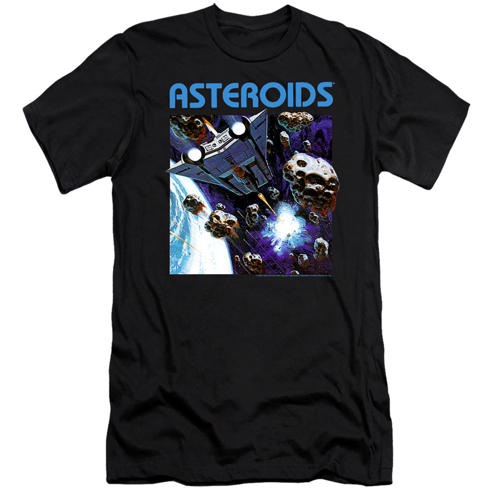 AN OFFCIALLY LICENSED ATARI 2600 ASTEROIDS MEN'S PREMIUM SLIM FIT T-SHIRT BLACK