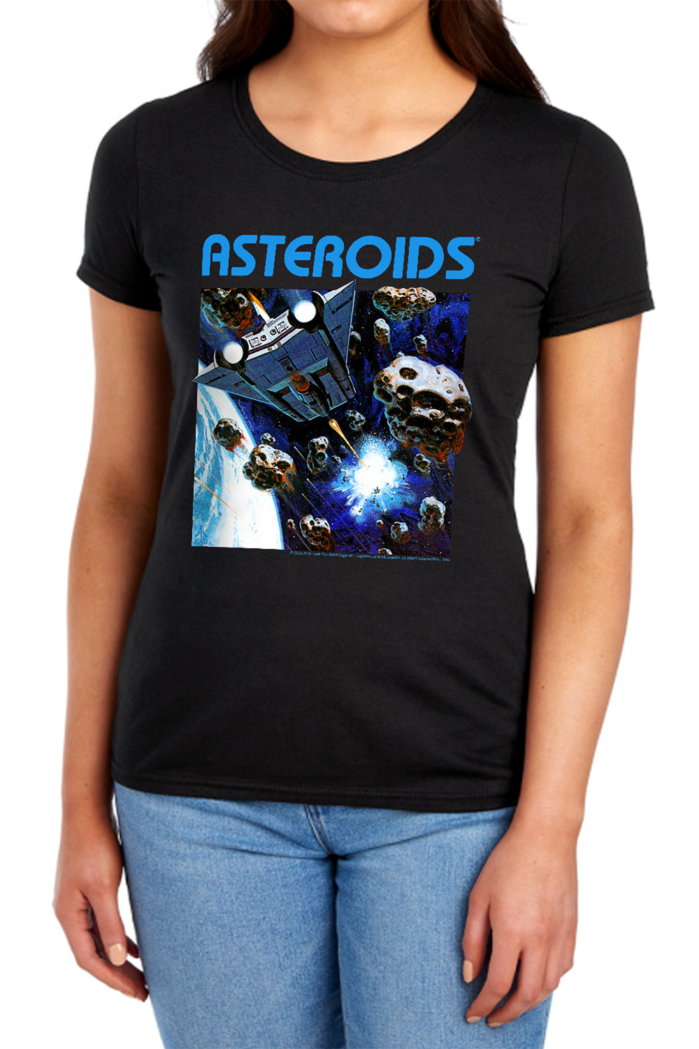 AN OFFCIALLY LICENSED ATARI 2600 ASTEROIDS WOMEN'S REGULAR FIT T-SHIRT BLACK