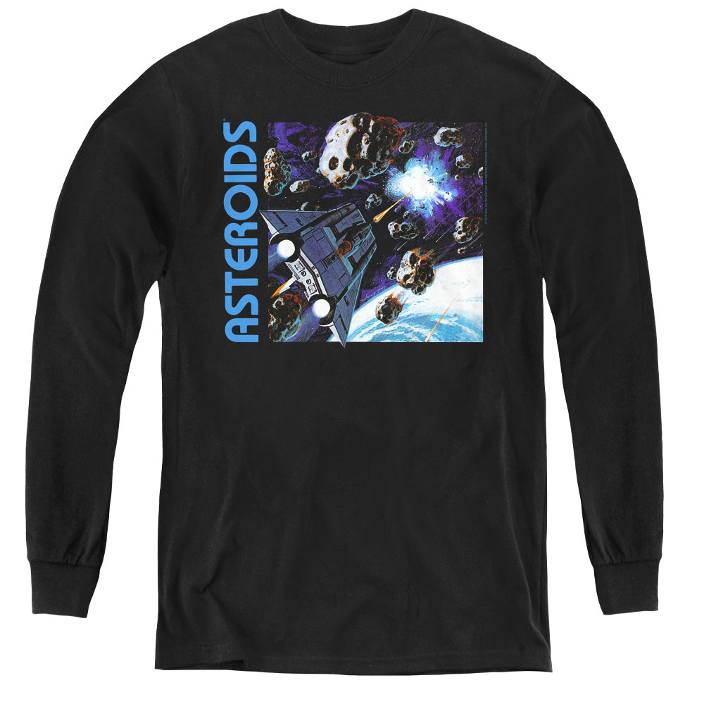 AN OFFCIALLY LICENSED ATARI 2600 ASTEROIDS YOUTH LONG SLEEVE T-SHIRT BLACK