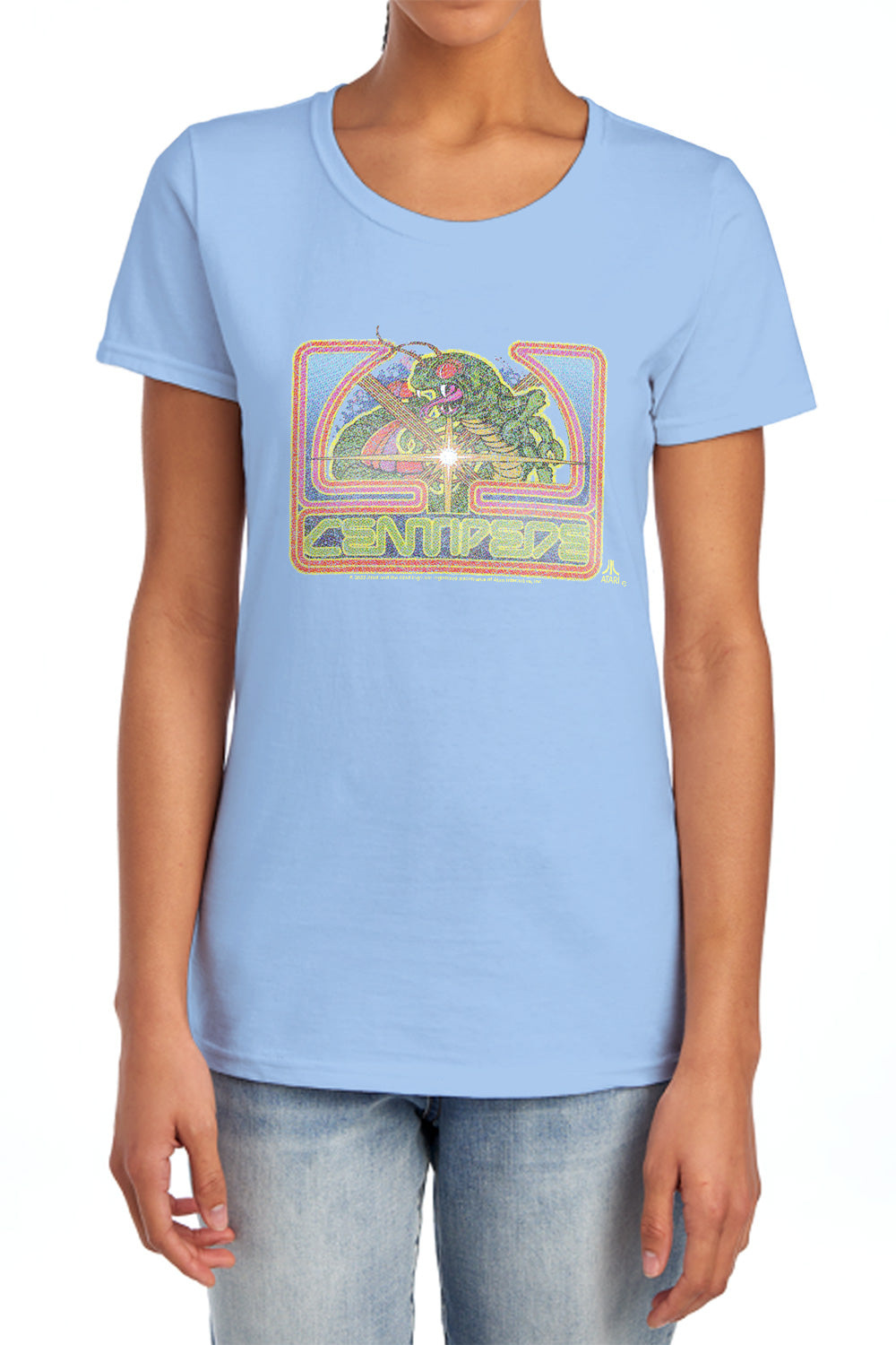 AN OFFCIALLY LICENSED ATARI CLASSIC CENTIPEDE WOMEN'S REGULAR FIT T-SHIRT LIGHT BLUE