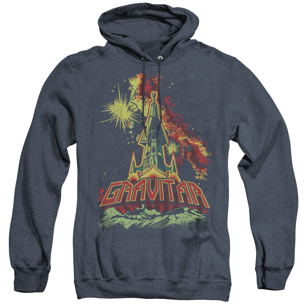 AN OFFCIALLY LICENSED ATARI BLAST OFF ADULT UNISEX HEATHER PULLOVER HOODIE NAVY