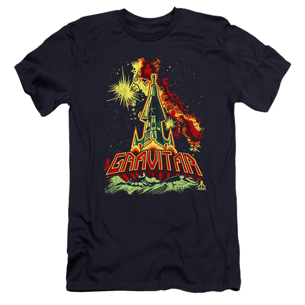 AN OFFCIALLY LICENSED ATARI BLAST OFF MEN'S PREMIUM SLIM FIT T-SHIRT NAVY