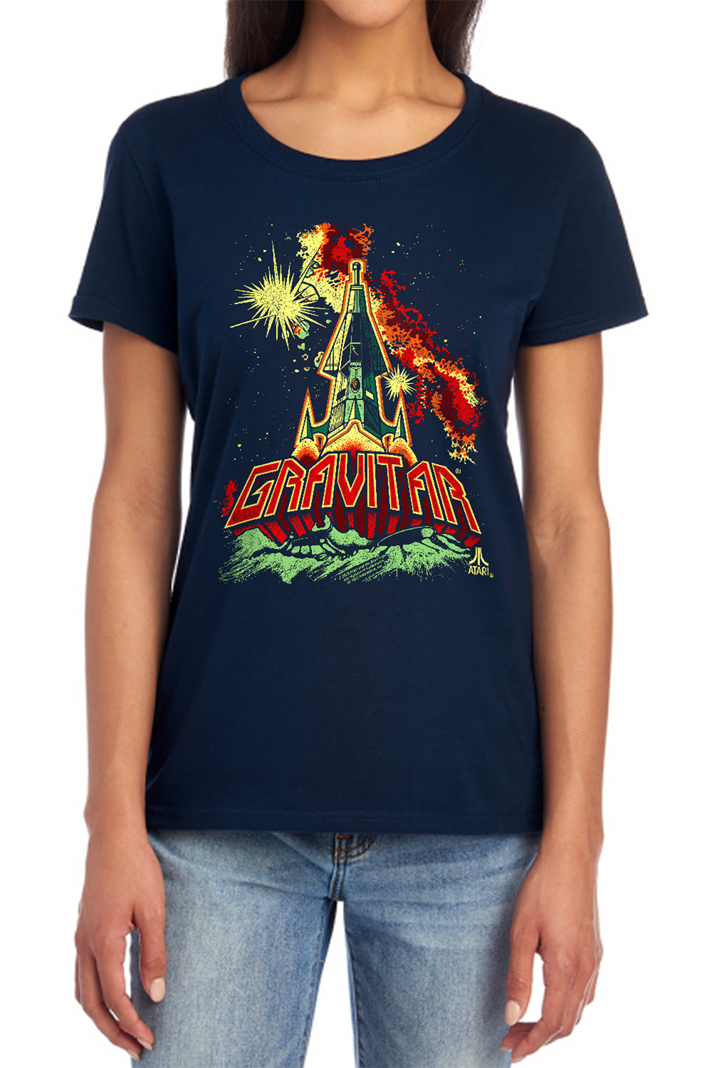AN OFFCIALLY LICENSED ATARI BLAST OFF WOMEN'S REGULAR FIT T-SHIRT NAVY