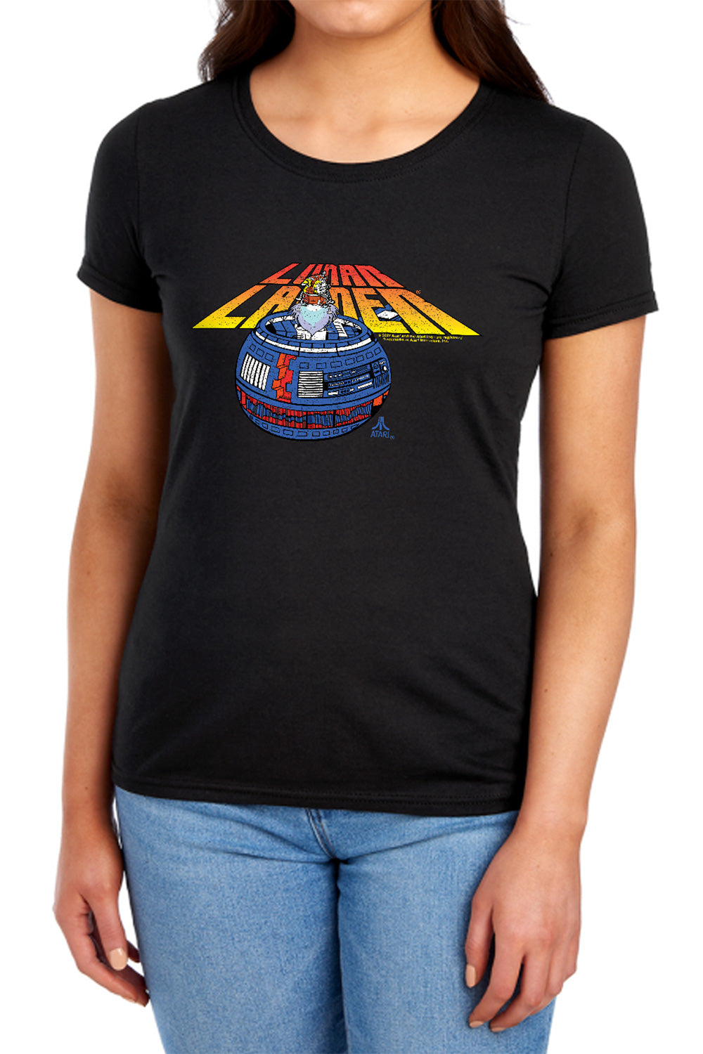 AN OFFCIALLY LICENSED ATARI LUNAR GLOBE WOMEN'S REGULAR FIT T-SHIRT BLACK