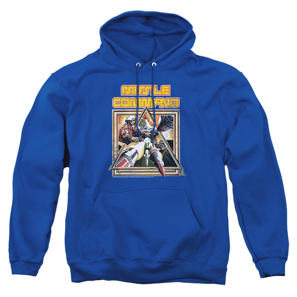 AN OFFCIALLY LICENSED ATARI MISSLE COMMANDER ADULT UNISEX PULLOVER HOODIE ROYAL