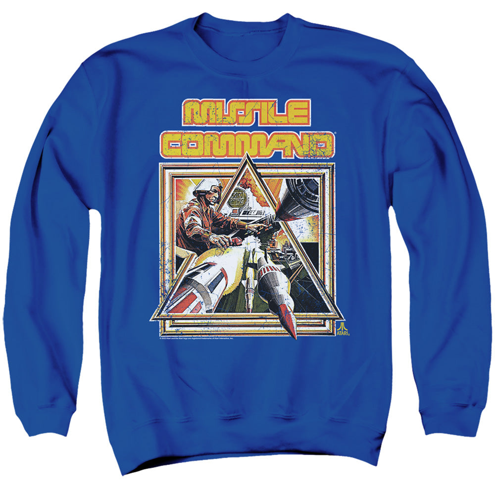 AN OFFCIALLY LICENSED ATARI MISSLE COMMANDER ADULT UNISEX CREWNECK SWEATSHIRT ROYAL
