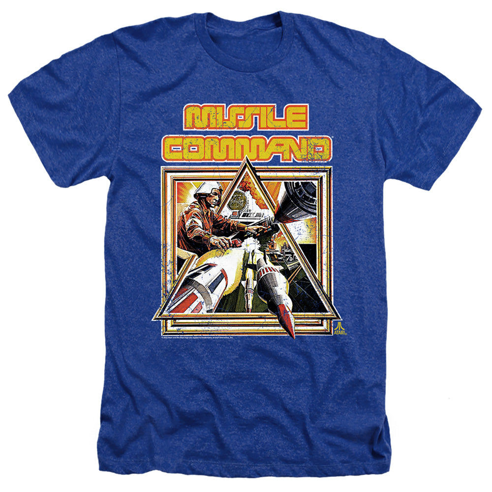 AN OFFCIALLY LICENSED ATARI MISSLE COMMANDER MEN'S HEATHER T-SHIRT ROYAL