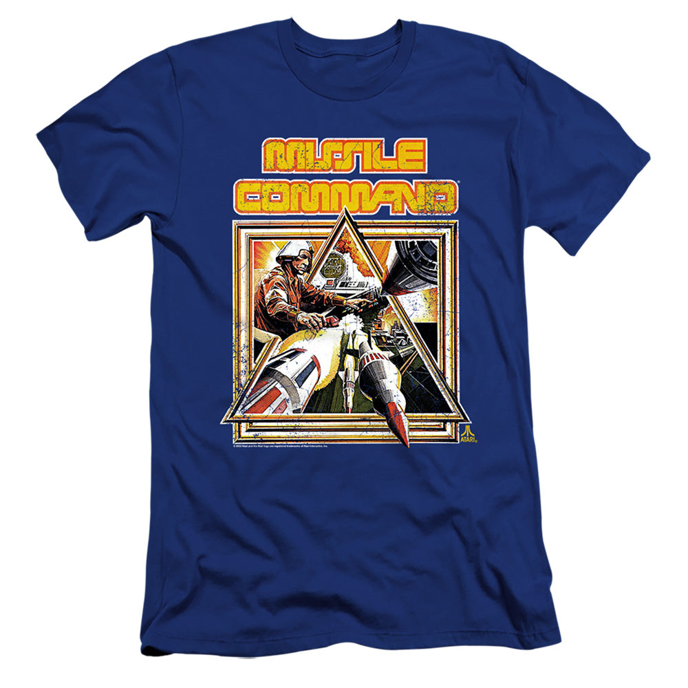 AN OFFCIALLY LICENSED ATARI MISSLE COMMANDER MEN'S PREMIUM SLIM FIT T-SHIRT ROYAL