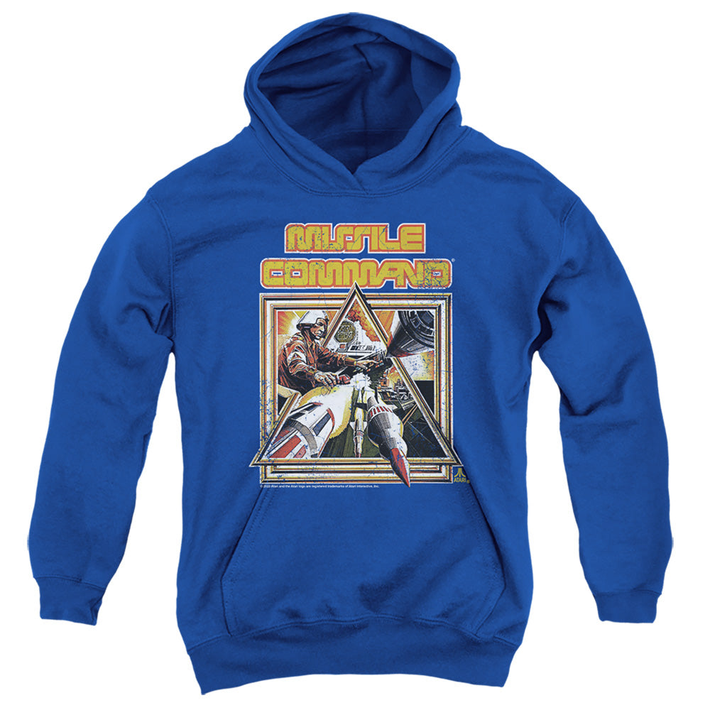 AN OFFCIALLY LICENSED ATARI MISSLE COMMANDER YOUTH HOODIE ROYAL