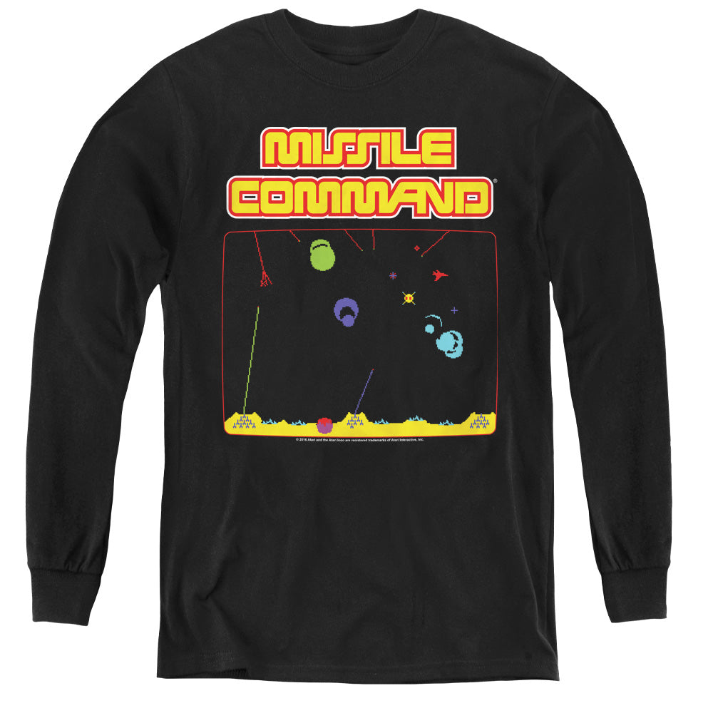 AN OFFCIALLY LICENSED ATARI MISSLE SCREEN YOUTH LONG SLEEVE T-SHIRT BLACK