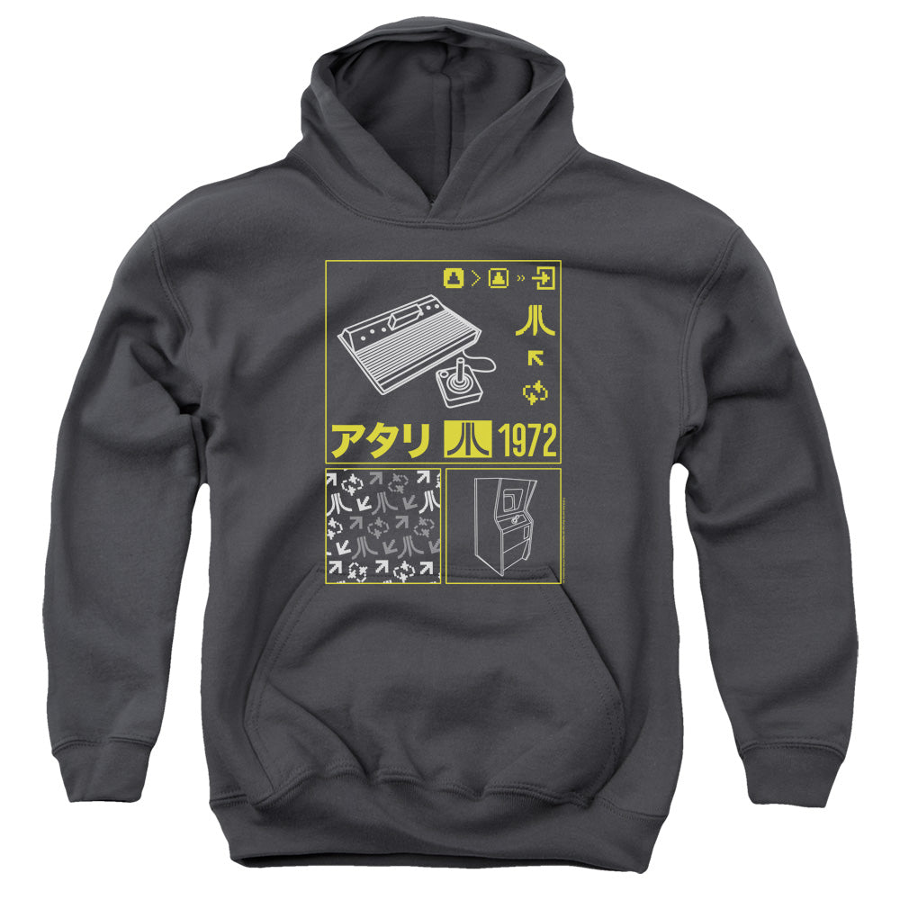 AN OFFCIALLY LICENSED ATARI KANJI SQUARES YOUTH HOODIE CHARCOAL
