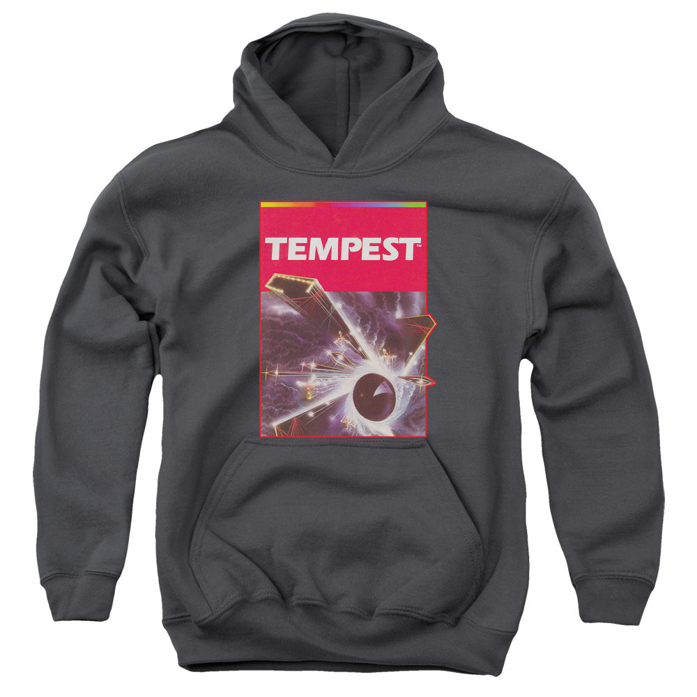 AN OFFCIALLY LICENSED ATARI TEMPEST BOX ART YOUTH HOODIE CHARCOAL