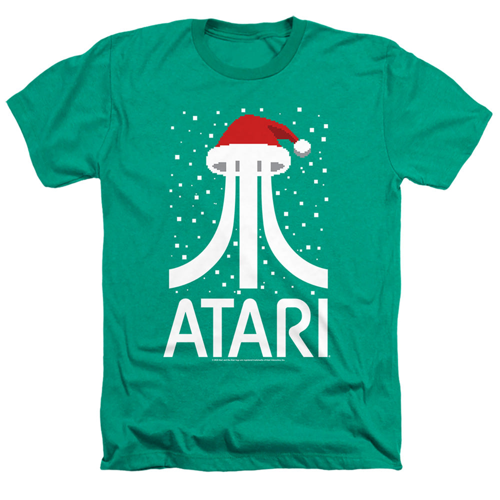 AN OFFCIALLY LICENSED ATARI PIXEL SANTA HAT MEN'S HEATHER T-SHIRT KELLY GREEN