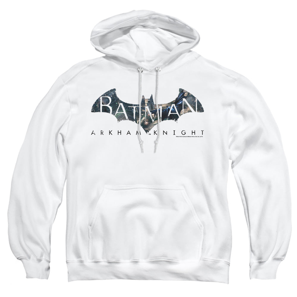 AN OFFCIALLY LICENSED BATMAN ARKHAM KNIGHT DESCENDING LOGO ADULT UNISEX PULLOVER HOODIE WHITE