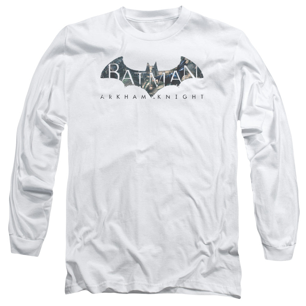 AN OFFCIALLY LICENSED BATMAN ARKHAM KNIGHT DESCENDING LOGO MEN'S LONG SLEEVE T-SHIRT WHITE