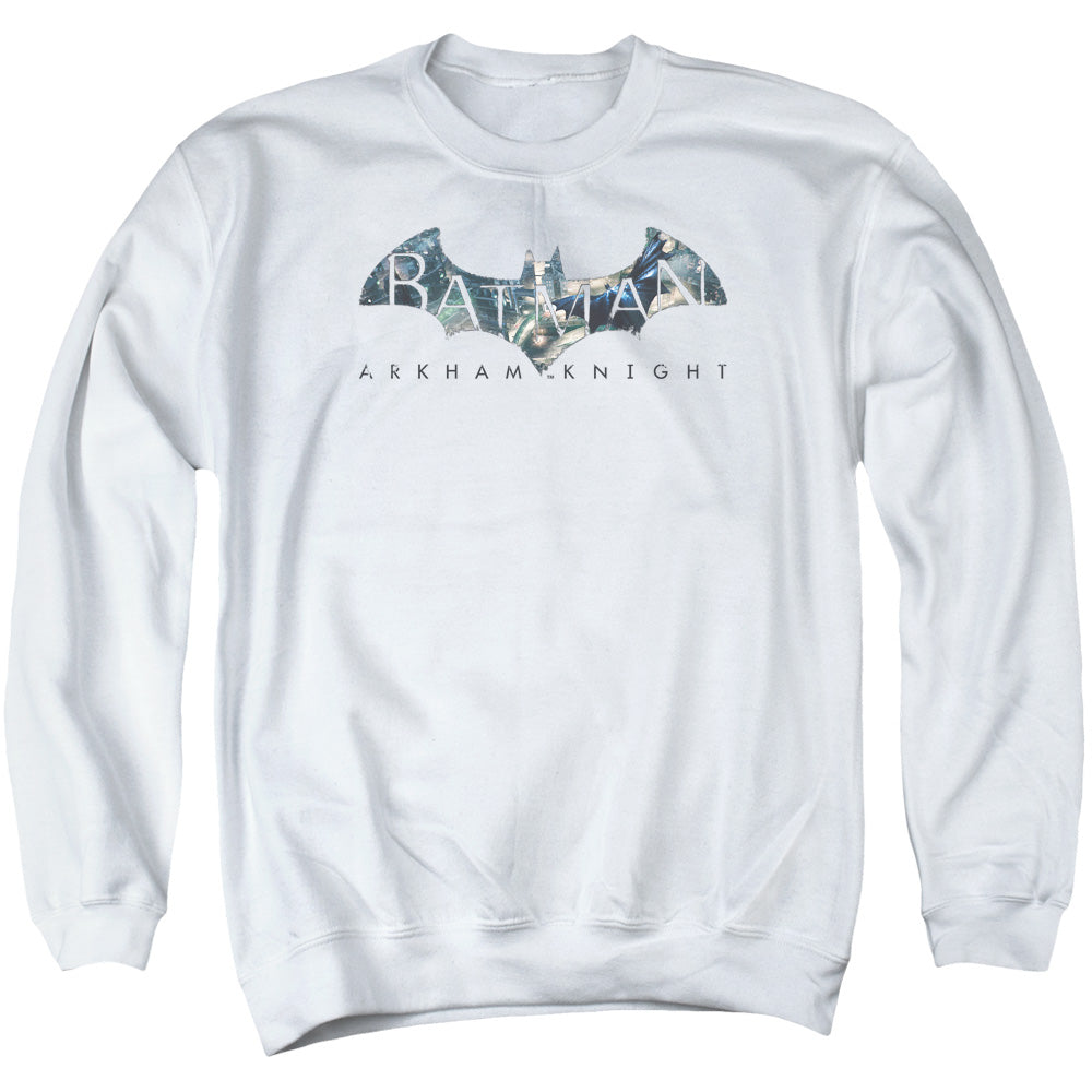 AN OFFCIALLY LICENSED BATMAN ARKHAM KNIGHT DESCENDING LOGO ADULT UNISEX CREWNECK SWEATSHIRT WHITE