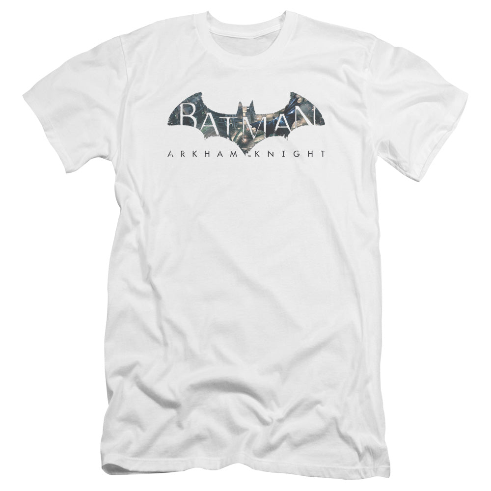 AN OFFCIALLY LICENSED BATMAN ARKHAM KNIGHT DESCENDING LOGO MEN'S PREMIUM SLIM FIT T-SHIRT WHITE