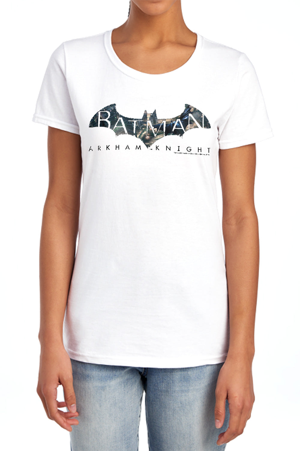 AN OFFCIALLY LICENSED BATMAN ARKHAM KNIGHT DESCENDING LOGO WOMEN'S REGULAR FIT T-SHIRT WHITE