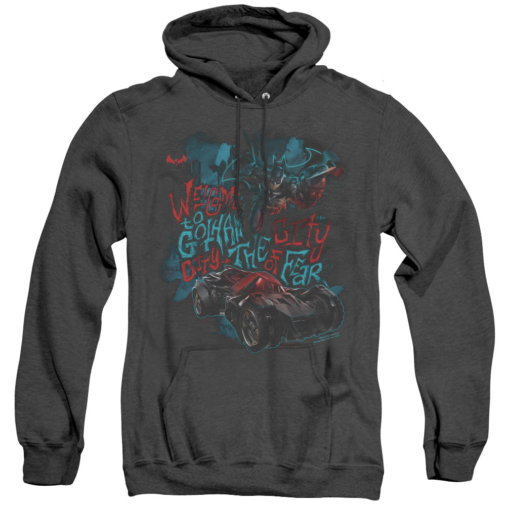 AN OFFCIALLY LICENSED BATMAN ARKHAM KNIGHT CITY OF FEAR ADULT UNISEX HEATHER PULLOVER HOODIE BLACK