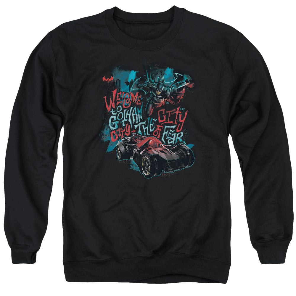 AN OFFCIALLY LICENSED BATMAN ARKHAM KNIGHT CITY OF FEAR ADULT UNISEX CREWNECK SWEATSHIRT BLACK