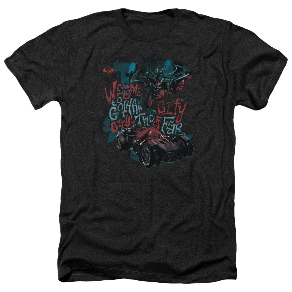 AN OFFCIALLY LICENSED BATMAN ARKHAM KNIGHT CITY OF FEAR MEN'S HEATHER T-SHIRT CHARCOAL