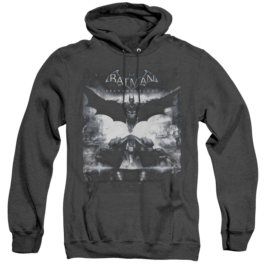 AN OFFCIALLY LICENSED BATMAN ARKHAM KNIGHT FORWARD FORCE ADULT UNISEX HEATHER PULLOVER HOODIE BLACK