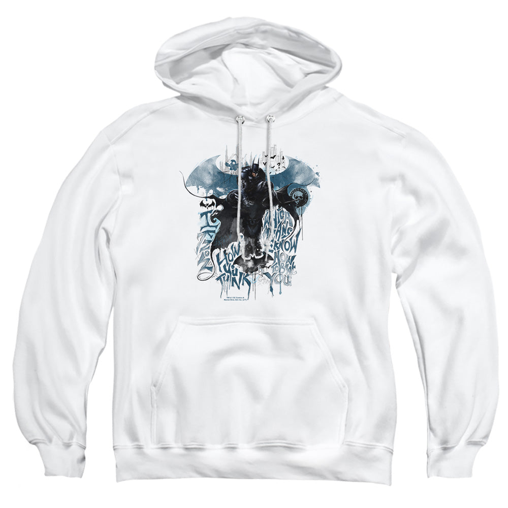 AN OFFCIALLY LICENSED BATMAN ARKHAM KNIGHT I KNOW ADULT UNISEX PULLOVER HOODIE WHITE