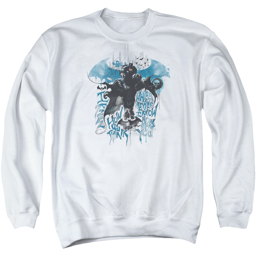 AN OFFCIALLY LICENSED BATMAN ARKHAM KNIGHT I KNOW ADULT UNISEX CREWNECK SWEATSHIRT WHITE