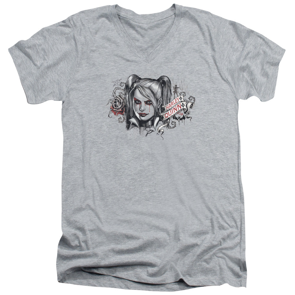 AN OFFCIALLY LICENSED BATMAN ARKHAM KNIGHT HQ SKETCH MEN'S V-NECK T-SHIRT ATHLETIC HEATHER