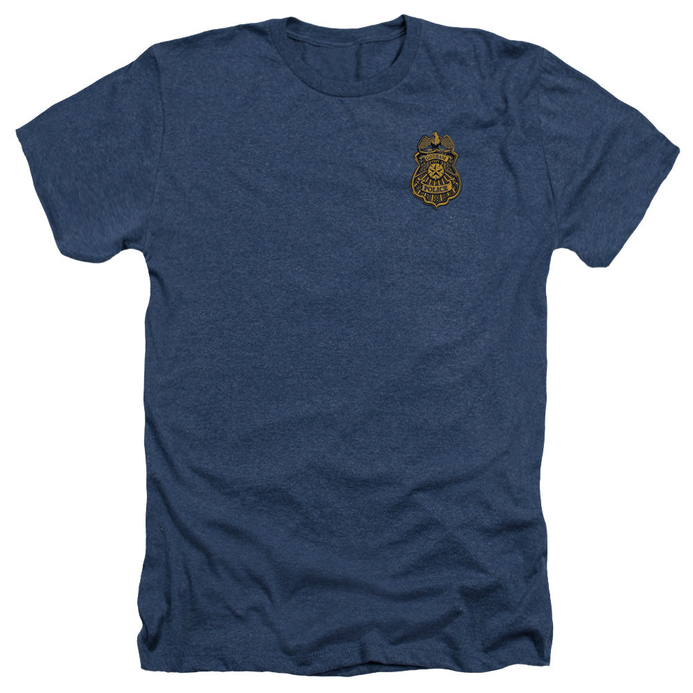 AN OFFCIALLY LICENSED BATMAN ARKHAM KNIGHT GOTHAM BADGE MEN'S HEATHER T-SHIRT NAVY