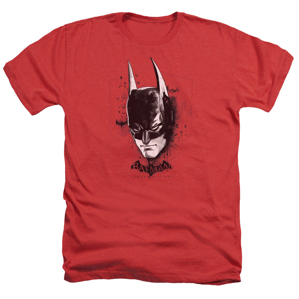 AN OFFCIALLY LICENSED BATMAN ARKHAM KNIGHT AK HEAD MEN'S HEATHER T-SHIRT RED