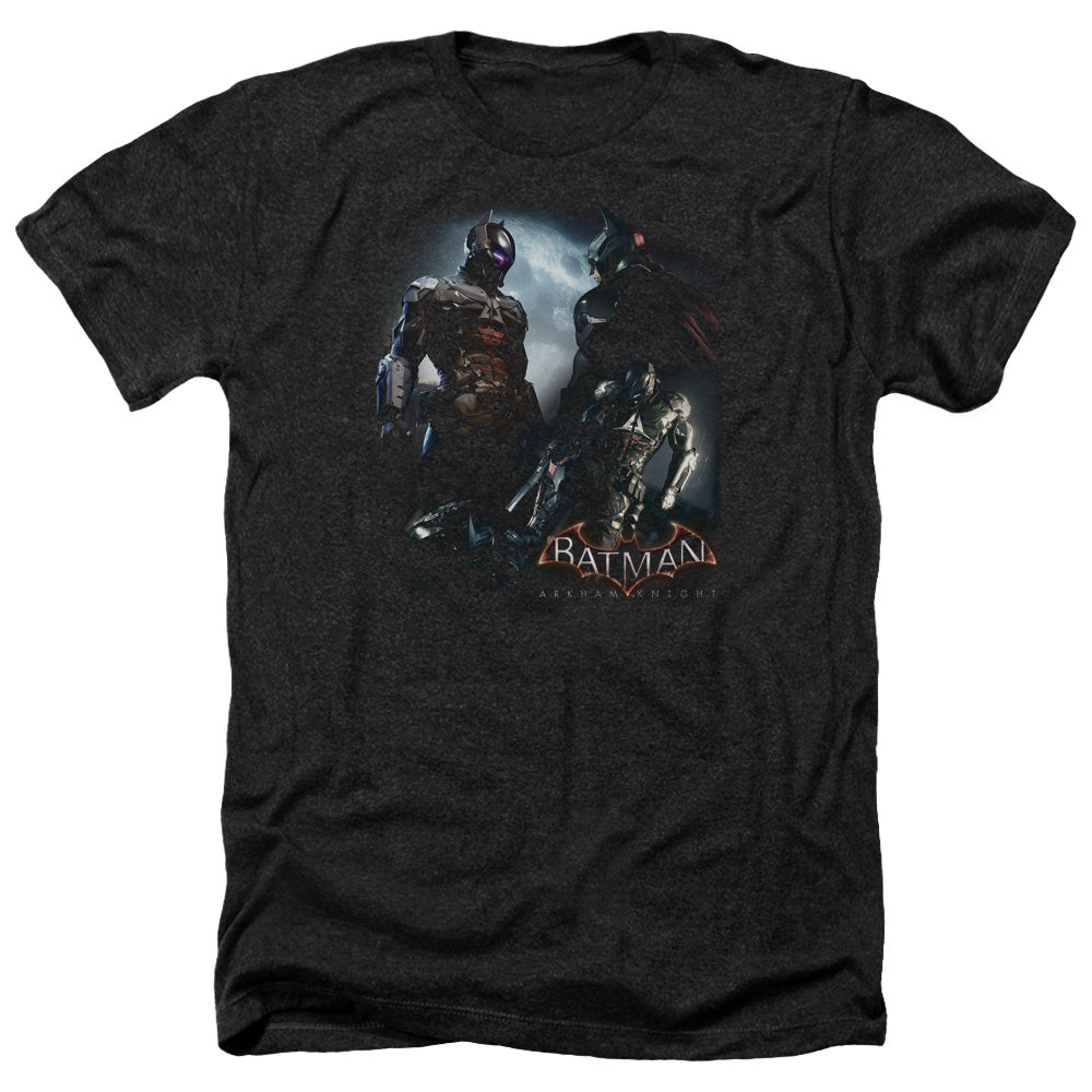 AN OFFCIALLY LICENSED BATMAN ARKHAM KNIGHT FACE OFF MEN'S HEATHER T-SHIRT CHARCOAL