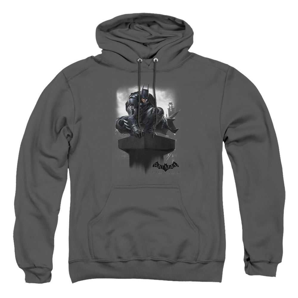 AN OFFCIALLY LICENSED BATMAN ARKHAM KNIGHT PERCHED ADULT UNISEX PULLOVER HOODIE CHARCOAL