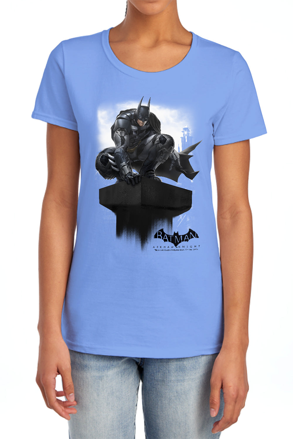 AN OFFCIALLY LICENSED BATMAN ARKHAM KNIGHT PERCHED WOMEN'S REGULAR FIT T-SHIRT CHARCOAL