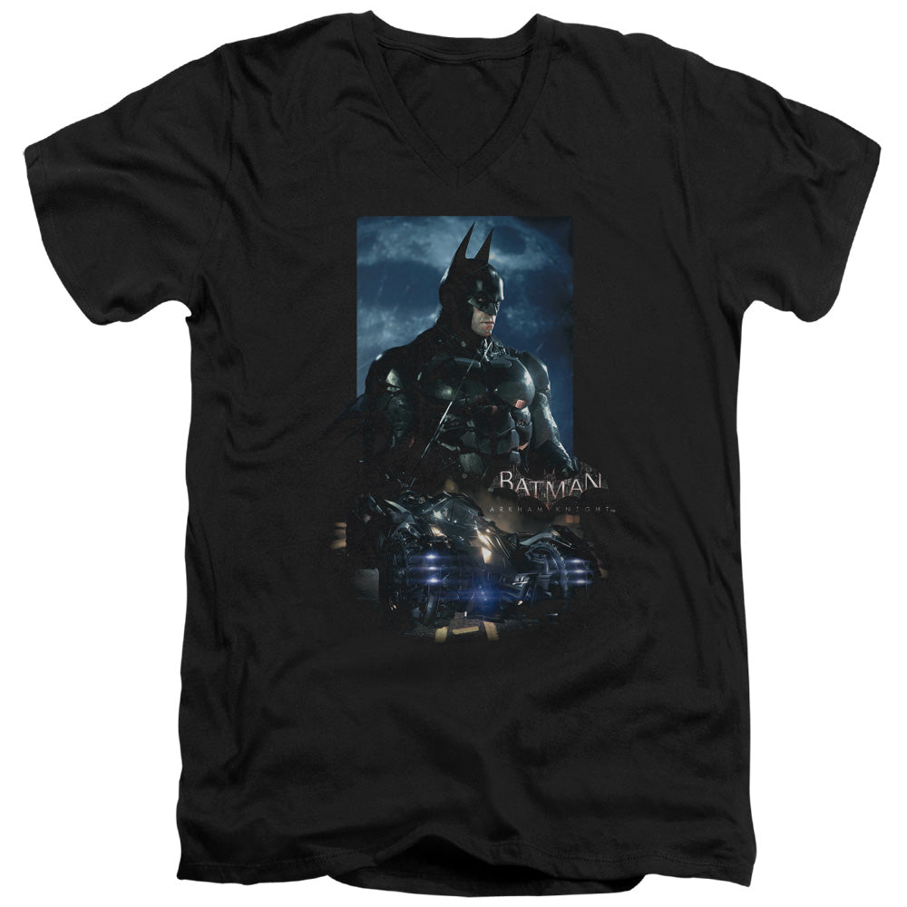 AN OFFCIALLY LICENSED BATMAN ARKHAM KNIGHT BATMOBILE MEN'S V-NECK T-SHIRT BLACK