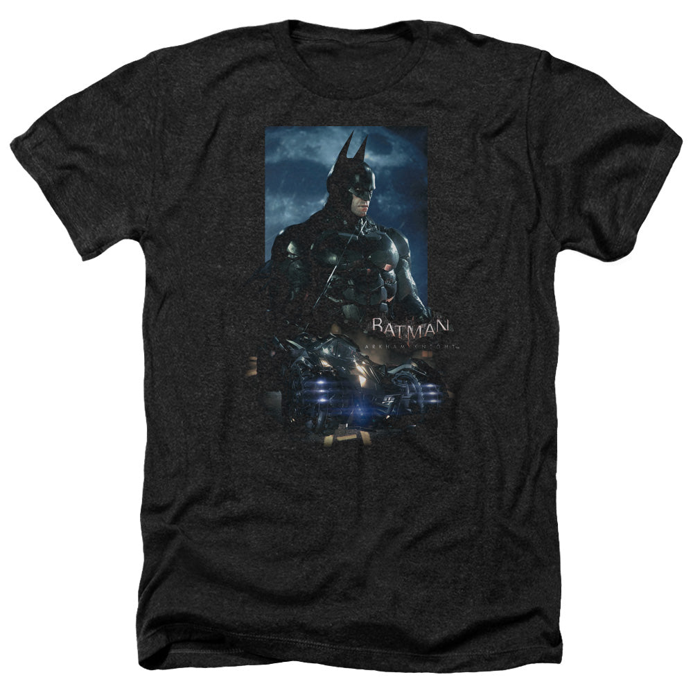 AN OFFCIALLY LICENSED BATMAN ARKHAM KNIGHT BATMOBILE MEN'S HEATHER T-SHIRT CHARCOAL