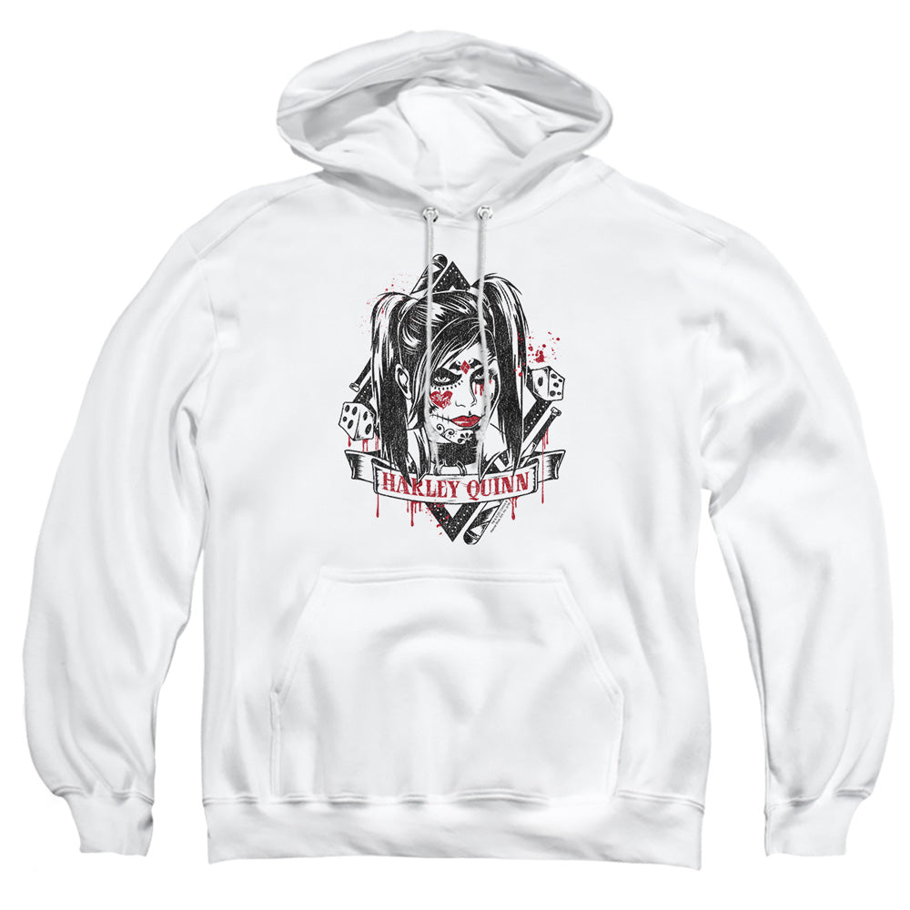 AN OFFCIALLY LICENSED BATMAN ARKHAM KNIGHT SUGAR QUINN ADULT UNISEX PULLOVER HOODIE WHITE
